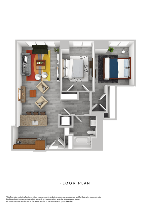 Floor plan for 2 beds, 1 bath, 895 sqft
